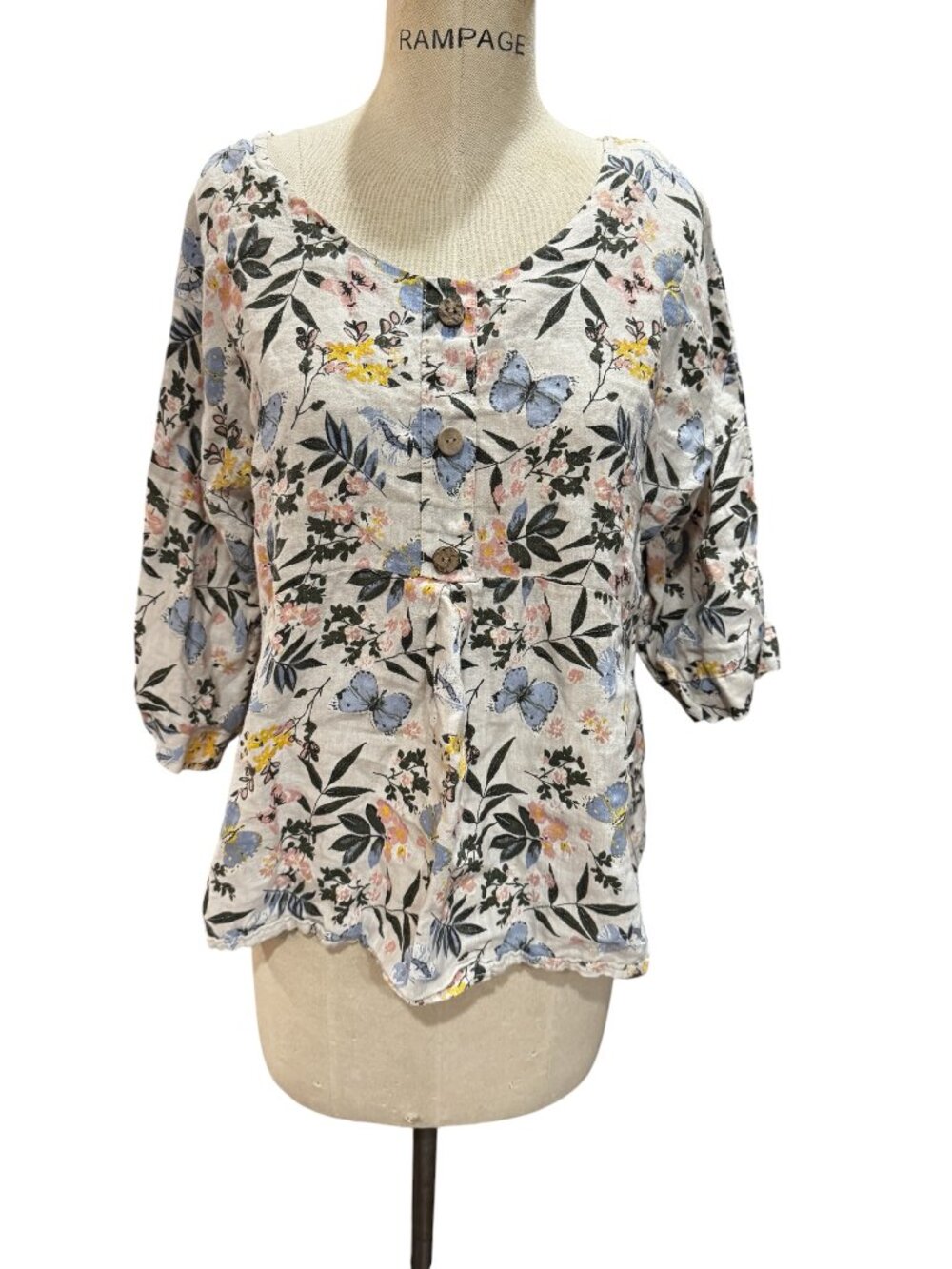 Laura Bianchi Linen Blouse Large Floral Butterfly Cottagecore Top